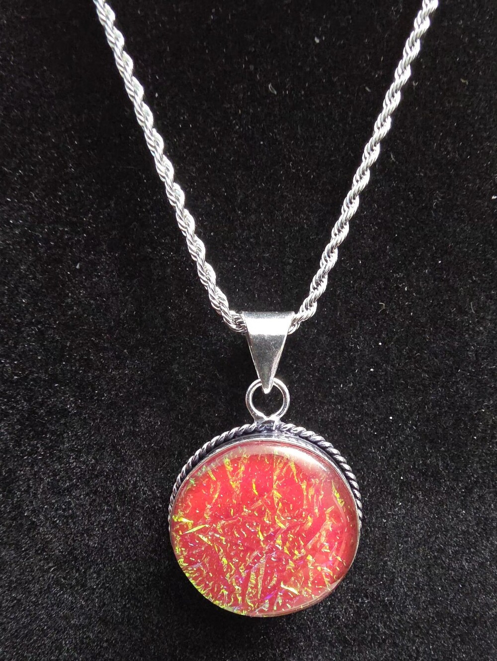 Silver Necklace with Red Iridescent Pendant - Unbranded